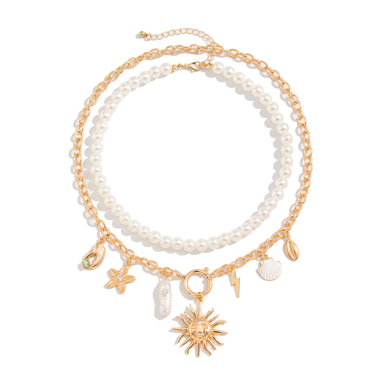 Boho dois pacotes de iluminação pendente de cadeia de pérolas colar de forma redonda com ouro rosa